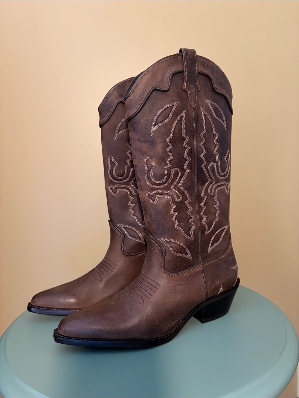 Zara Classic Brown Leather Cowboy Boots - Brown